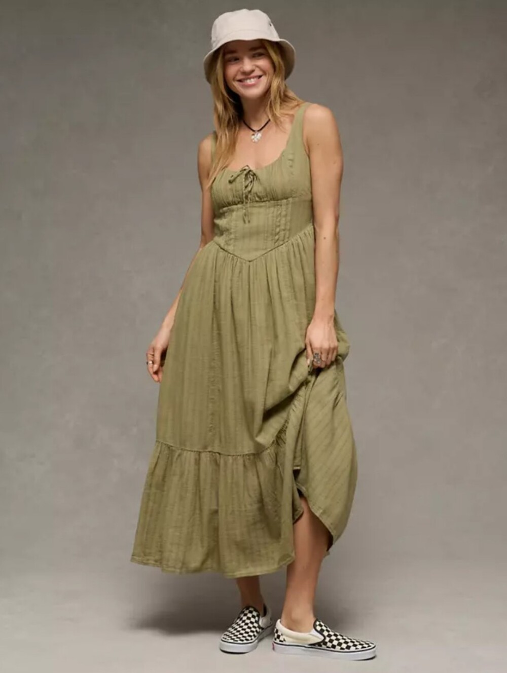 American Eagle Outfitters Olive Corset Midi Dress